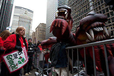Nurses protesting on Tuesday outside the headquarters of a private equity firm that operates several hospitals used inflatable dogs, instead of the familiar inflatable rats.  